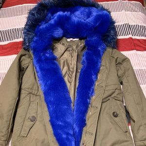 Green Parka Jacket W/ Blue Fur Trim